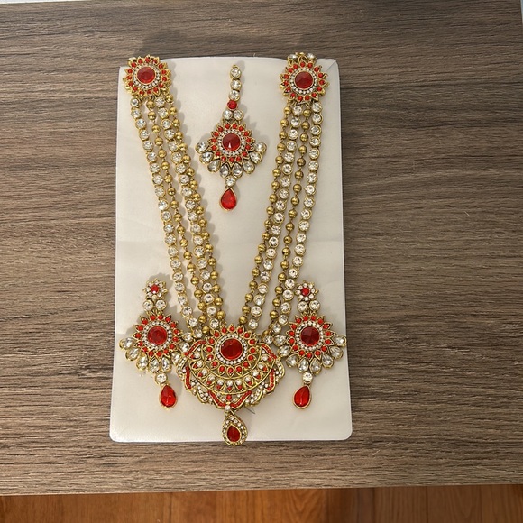 NWT INDIAN BRIDAL WEDDING KUNDAN SET NECKLACE AND EARING CRYSTAL BEADS - Picture 5 of 7
